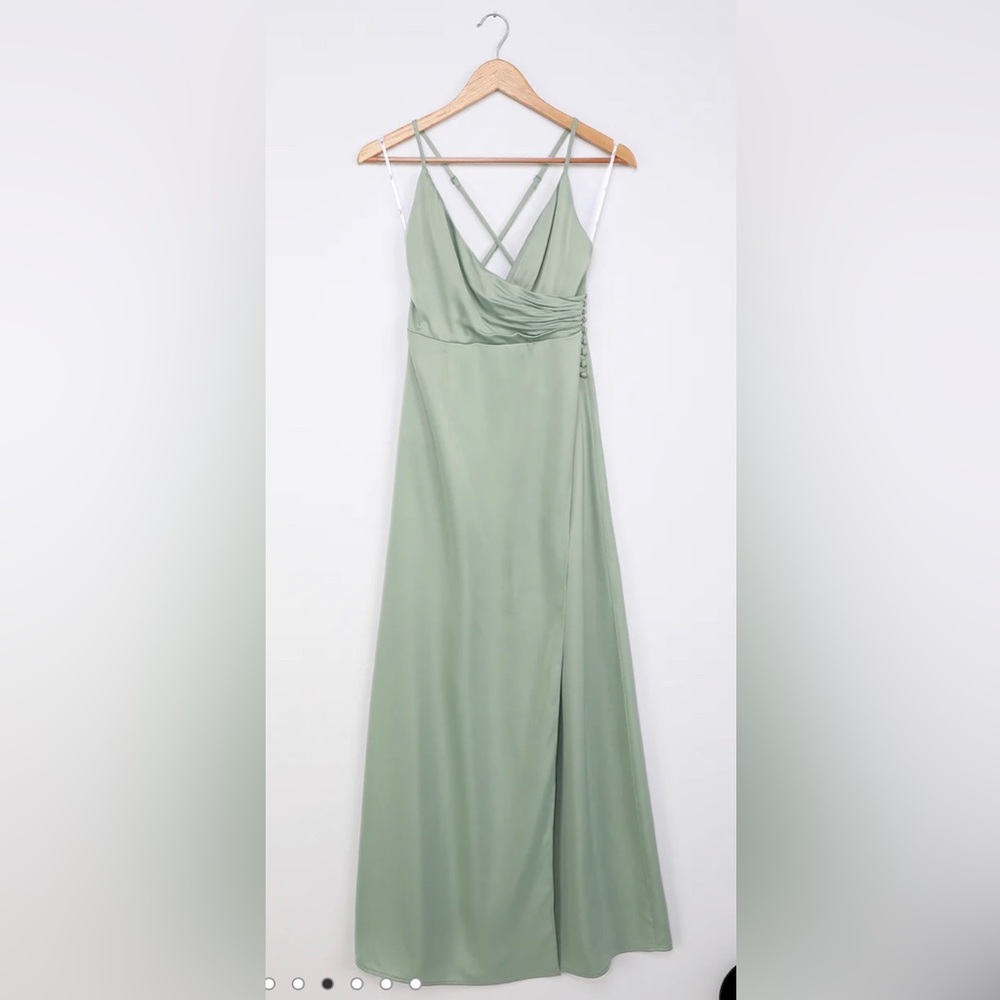 Outstanding Elegance Sage Green Satin Surplice Maxi Dress